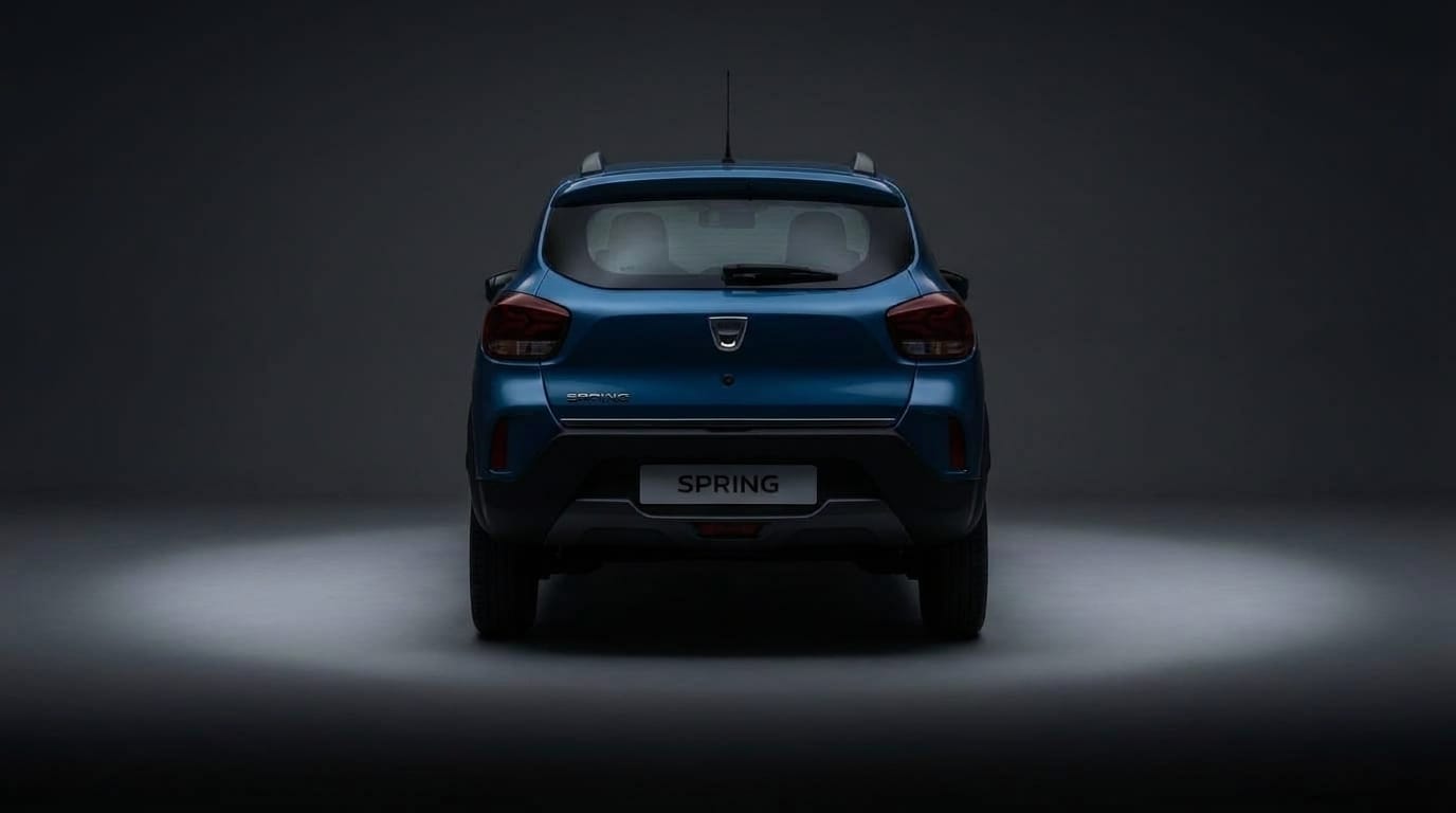 Bakifrån på en blå Dacia Spring parkerad i en mörk studio med en ljuspunkt under bilen.
