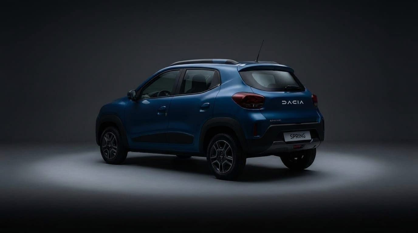 Blå Dacia Spring uppställd i en mörk fotostudio sedd bakifrån i trekvartsvinkel.