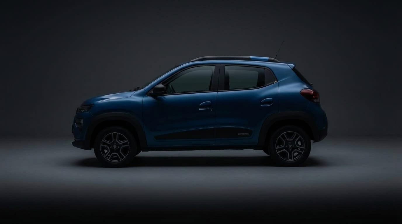 Blå Dacia Spring i exakt sidoprofil mot en mörk, dämpad studiostämning.