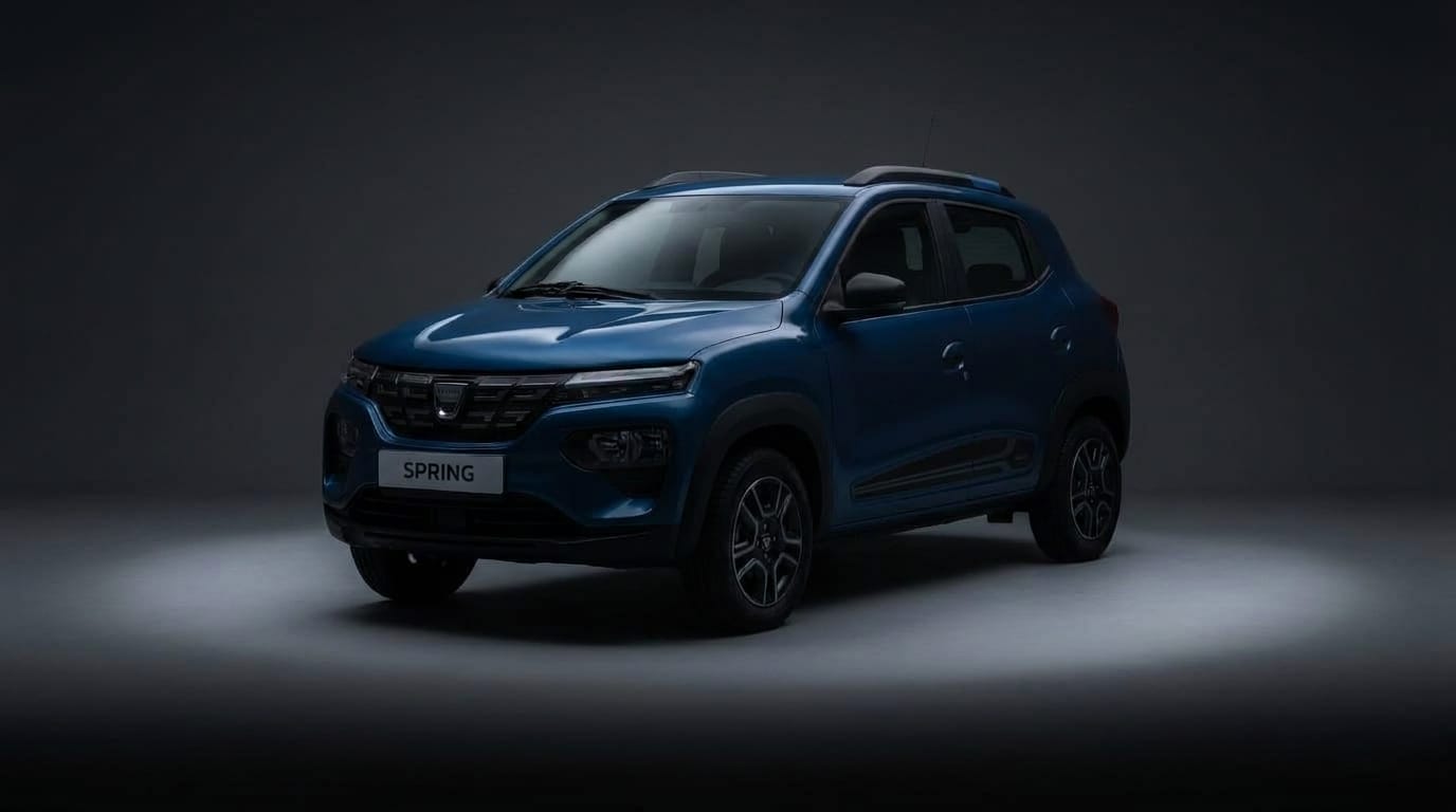 Blå Dacia Spring fotograferad i en mörk fotostudio med dämpad belysning från sidan.