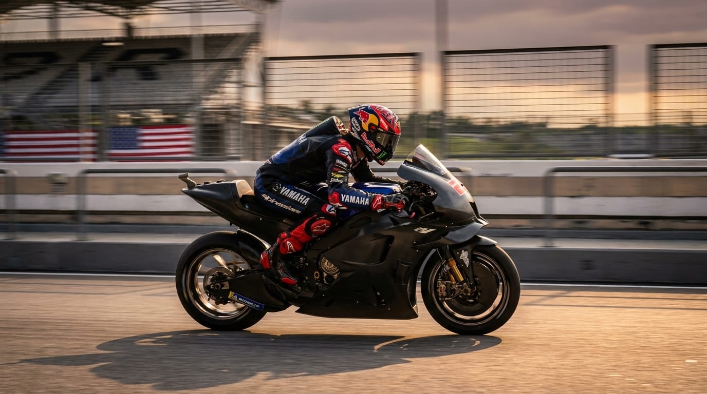 Motorcykelracer i svart, blå och gul dräkt som kör snabbt över en bana framför läktare.