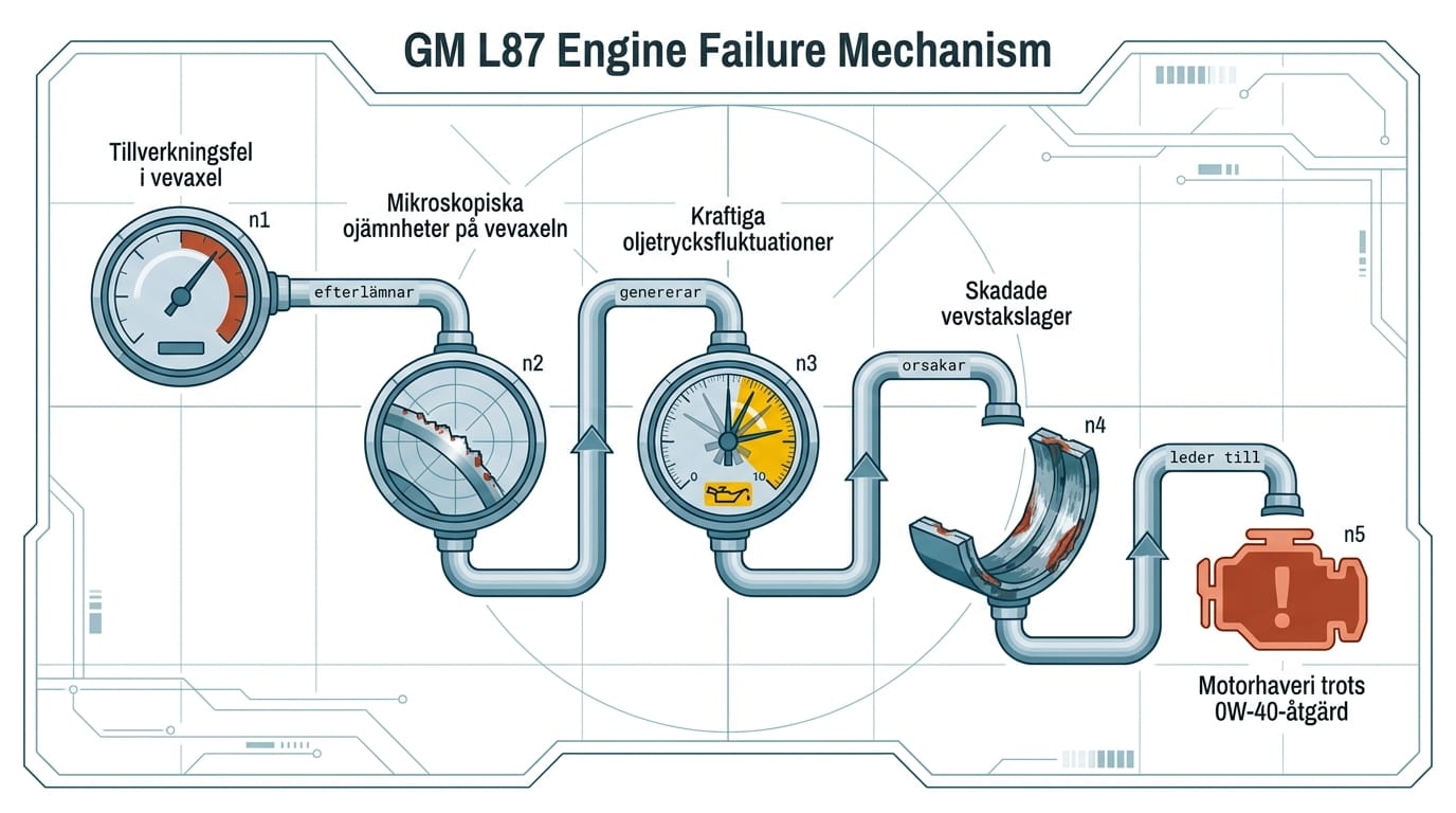 Ett flödesschema som visar mekanismen bakom motorhaveri i GM L87-motorer, från tillverkningsfel i vevaxel till slutligt haveri.