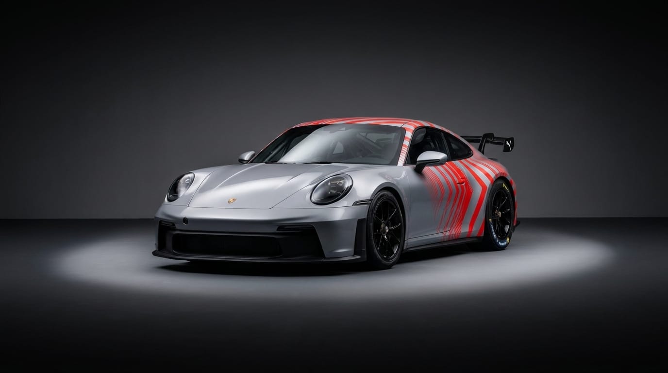 Vit Porsche 911 Challenge i en mörk studio med röd- och svartfärgade designdetaljer framför en ljuskälla i golvet.