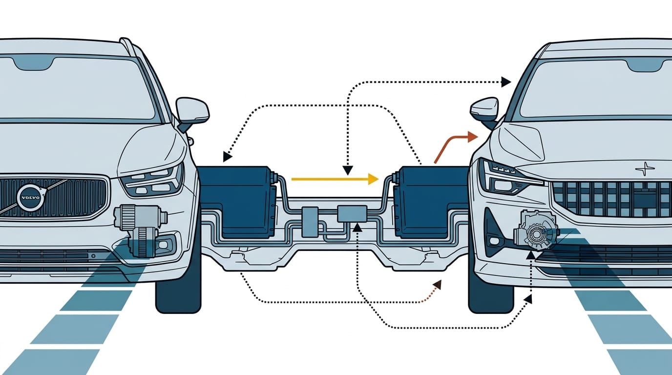 Teknisk illustration ihopparad med Volvo och Polestar, batteripaket och elmotorer i genomskärning mot vit bakgrund.