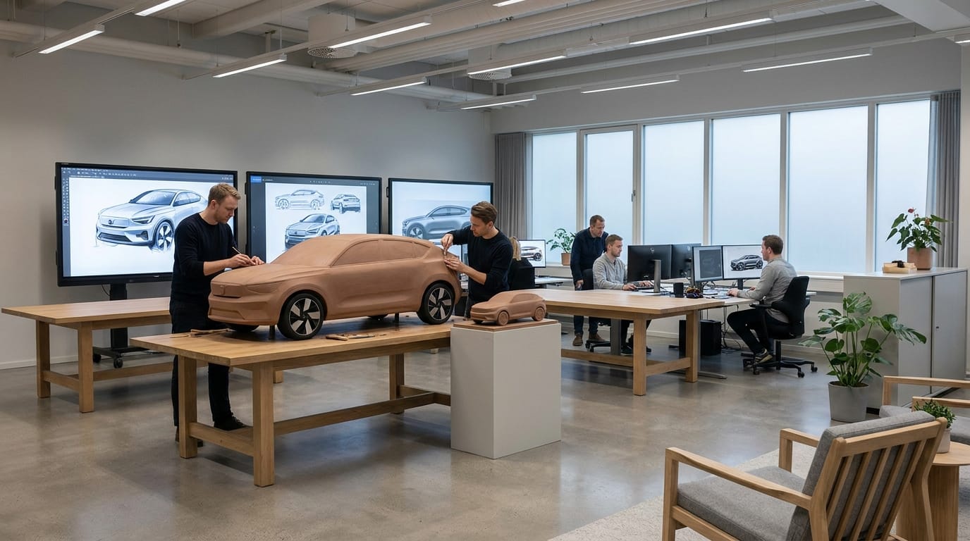 Interiör från en skandinavisk designstudio med lermodeller av bilar på träbord och digitala skärmar på väggarna.
