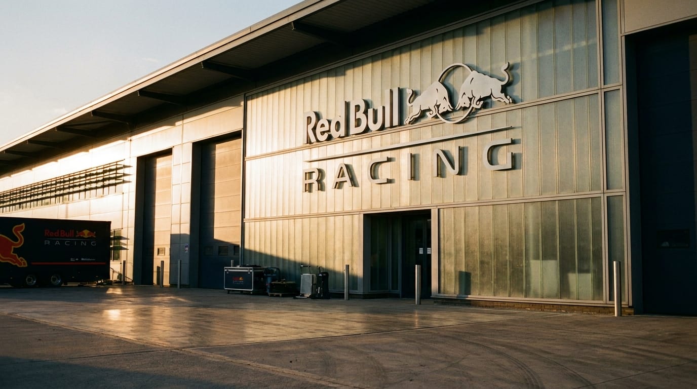 Exteriōr fasad av Red Bull Racings huvudkontor i Milton Keynes med tydlig företagslogotyp i gyllene timmens ljus.