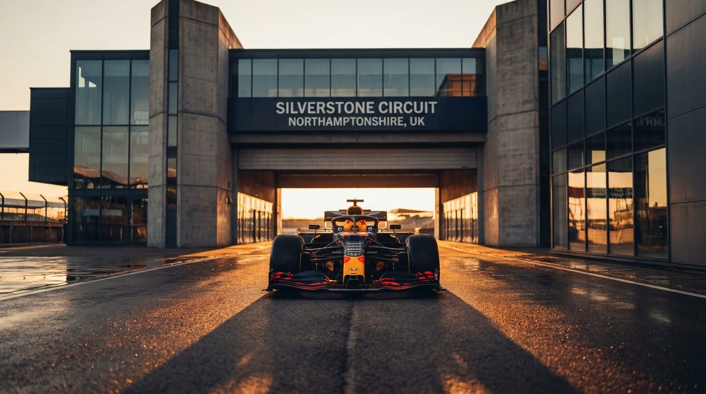 En Formel 1-racerbil från Red Bull Racing uppställd framför huvudentrén på Silverstone Circuit under gyllene timmen.