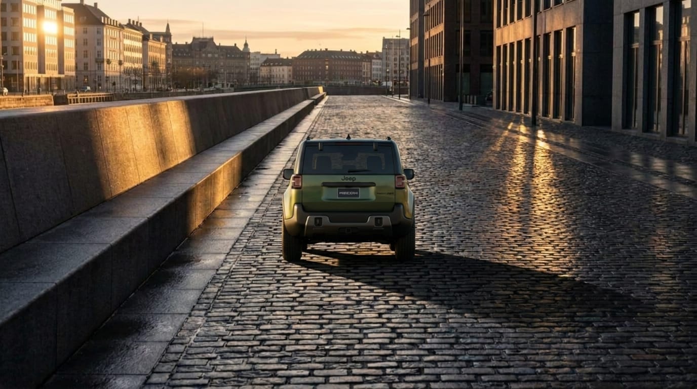 En grön terrängbil står parkerad på en kullerstensgata under gyllene timmen med långa skuggor åt höger.