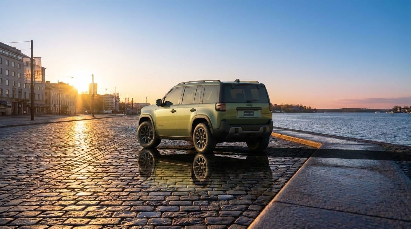 En grön terrängbil står parkerad på en kullerstensbelagd kaj i solnedgången, med vattnet glittrande till höger och långa skuggor sträckande sig över marken.