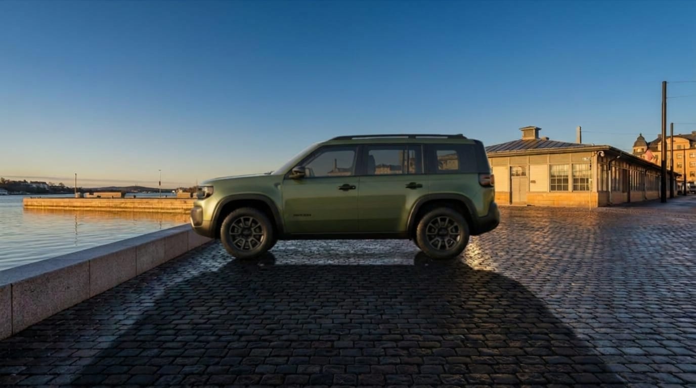 En grön terrängbil står parkerad på kullersten vid kajen i solnedgången.