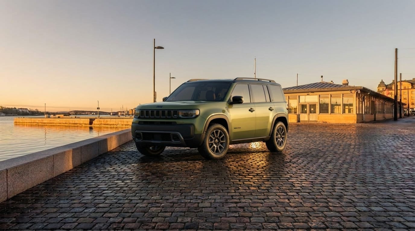 En grön stadsjeep står parkerad på kullerstensbelagd kaj i mjukt kvällsljus med vatten till vänster.