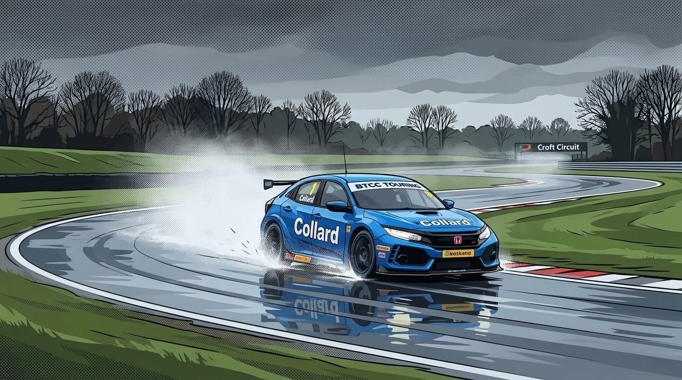 Ricky Collards blå touringbil sladdar på en blöt bana på Croft Circuit under en molnig himmel.