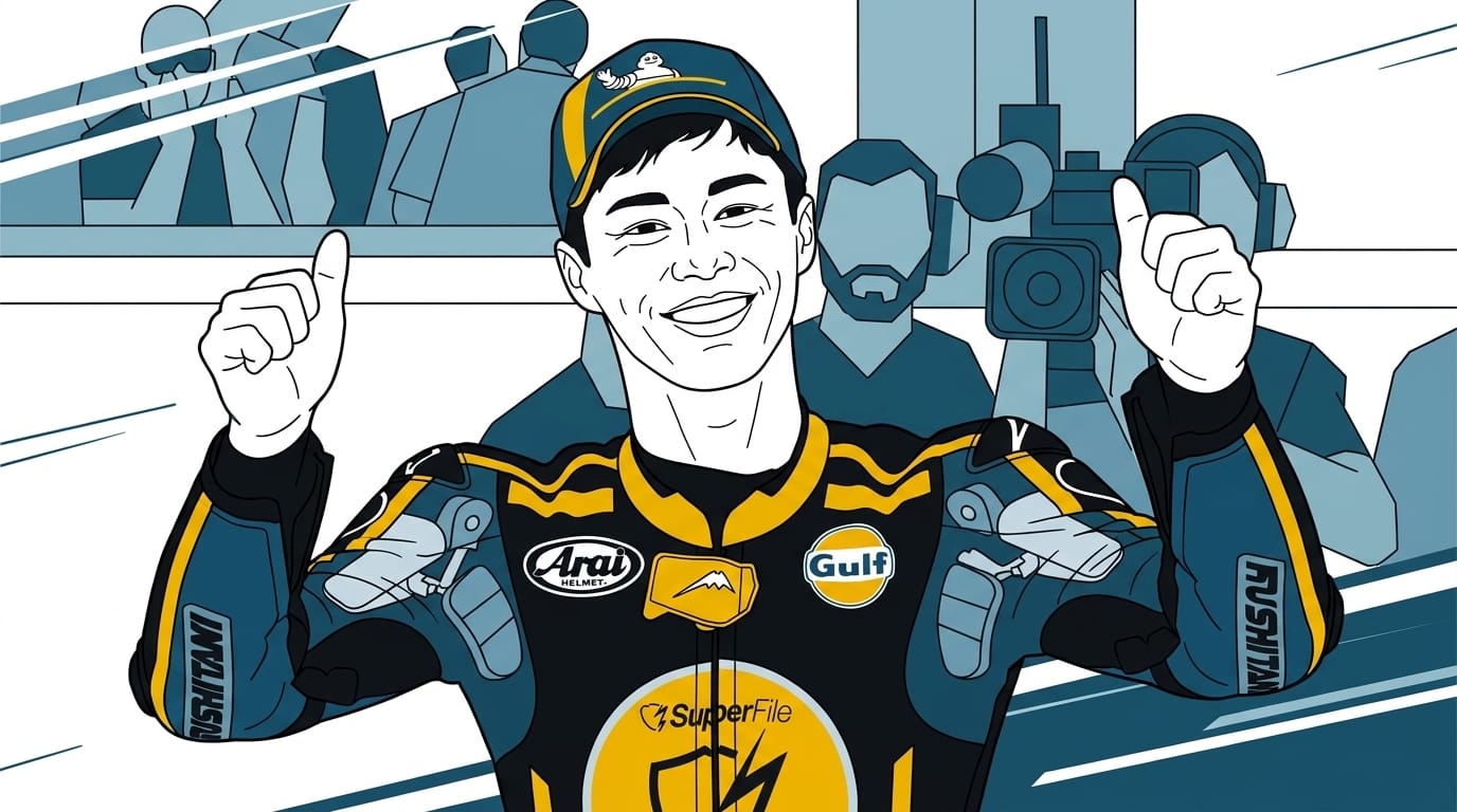 Illustration av ung man i svart och neongul racingdräkt med blå keps som ger tummen upp på racingbana.