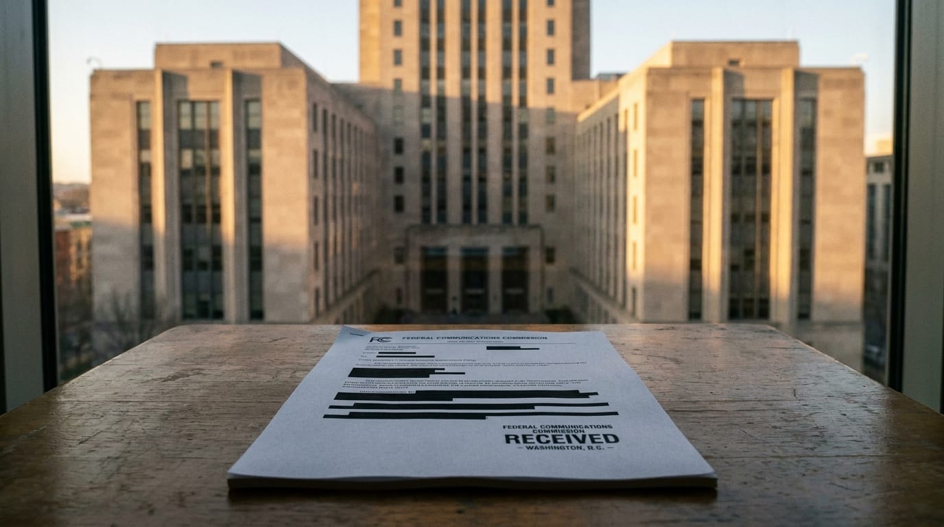 Ett officiellt FCC-dokument med överstruken text och en stämpel på ett trébord framför en stor byggnad i Washington, D.C.