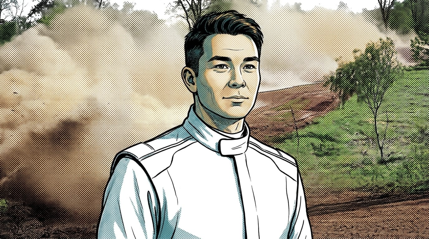 Tecknad illustration av Hayden Paddon iförd en vit förardräkt, placerad vid Rally Paraguay med dammoln i bakgrunden.