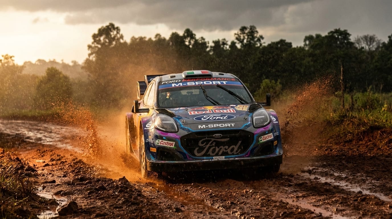 M-Sport Ford WRC rallybil navigerar på en lerig och vattendränkt grusväg med stänkande lera i Paraguay.