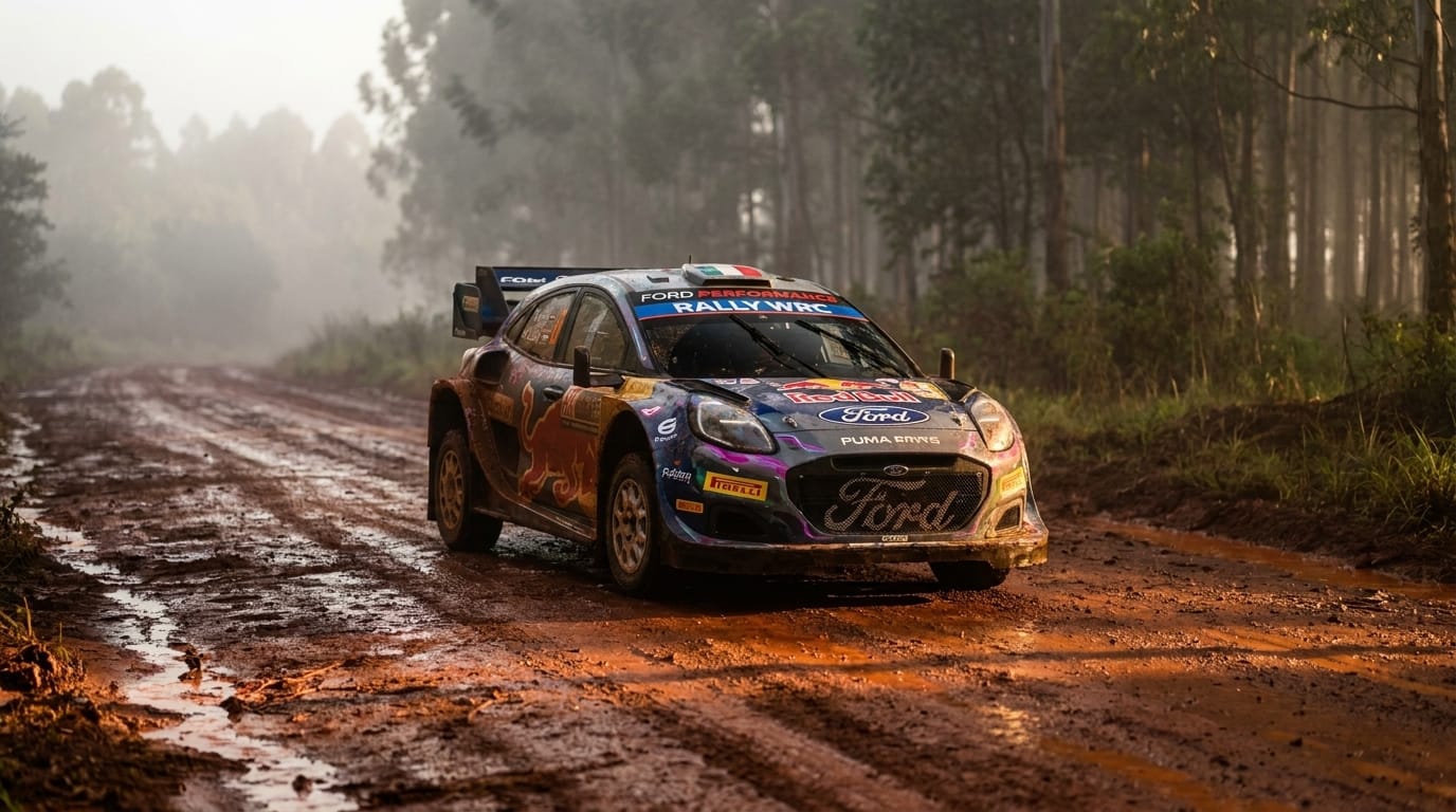 En M-Sport Ford WRC rallybil står på en lerig röd jordväg i regnet.