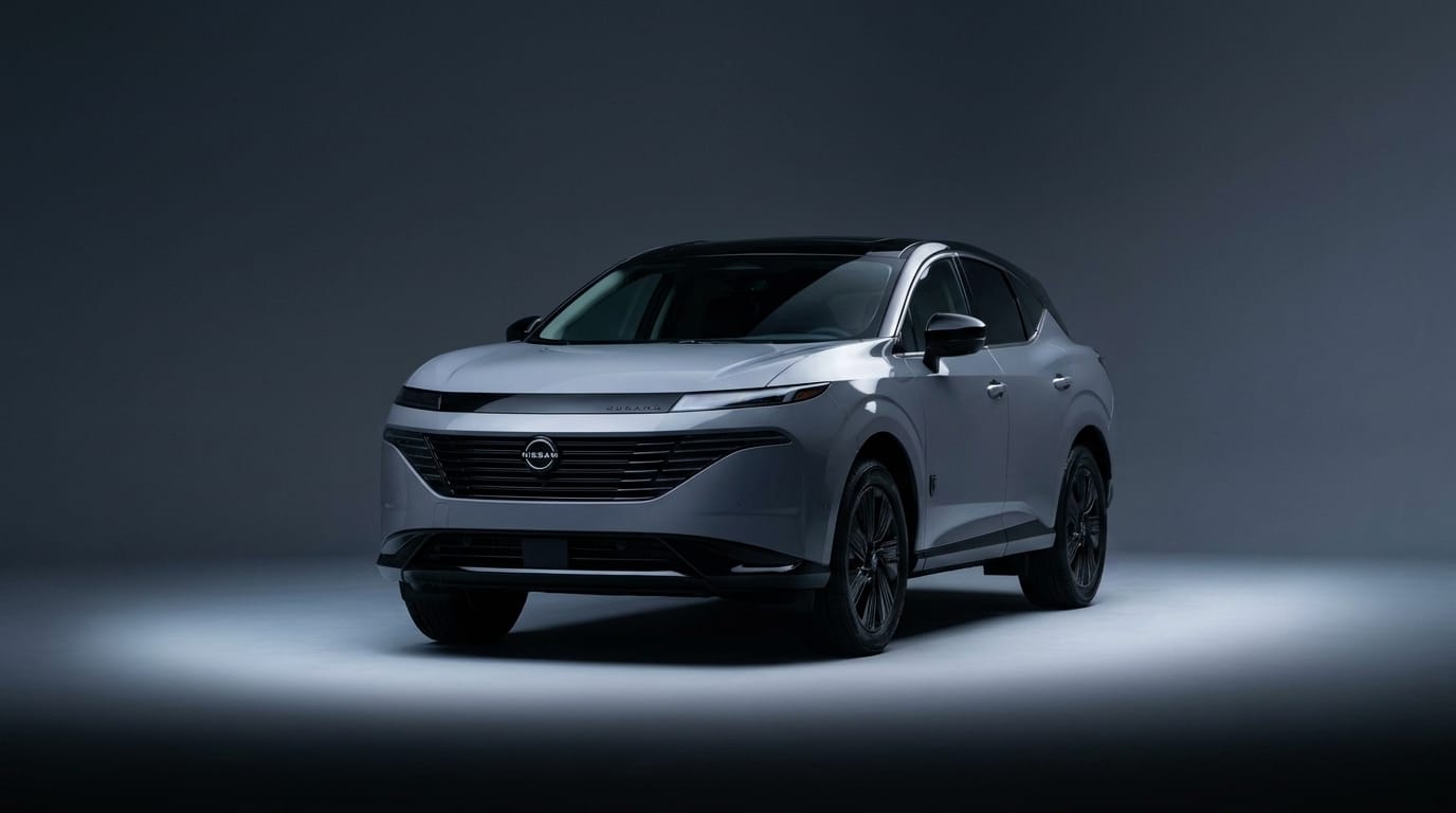Nissan Murano i en mörk studio med dämpad belysning framifrån.