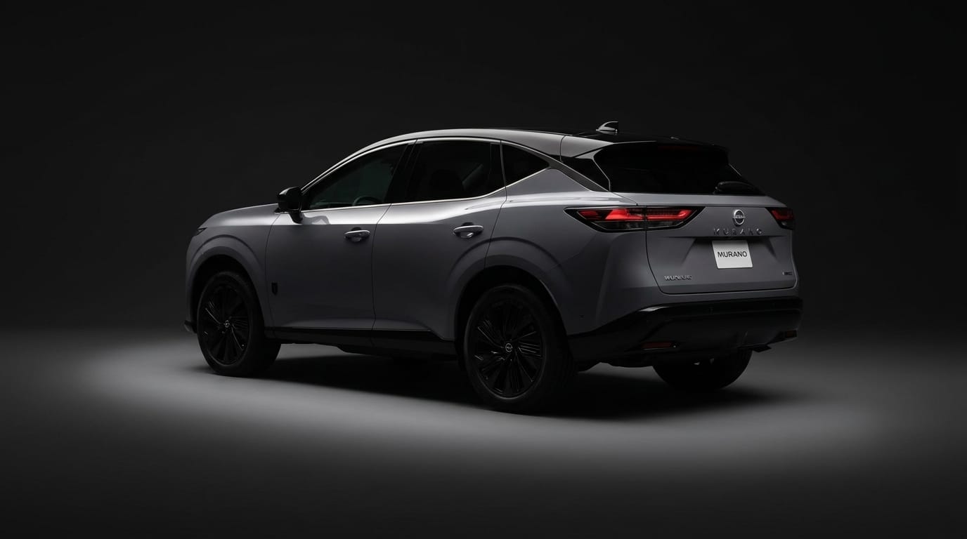 Nissan Murano i en mörk fotostudio med dämpad belysning och lack i silver.