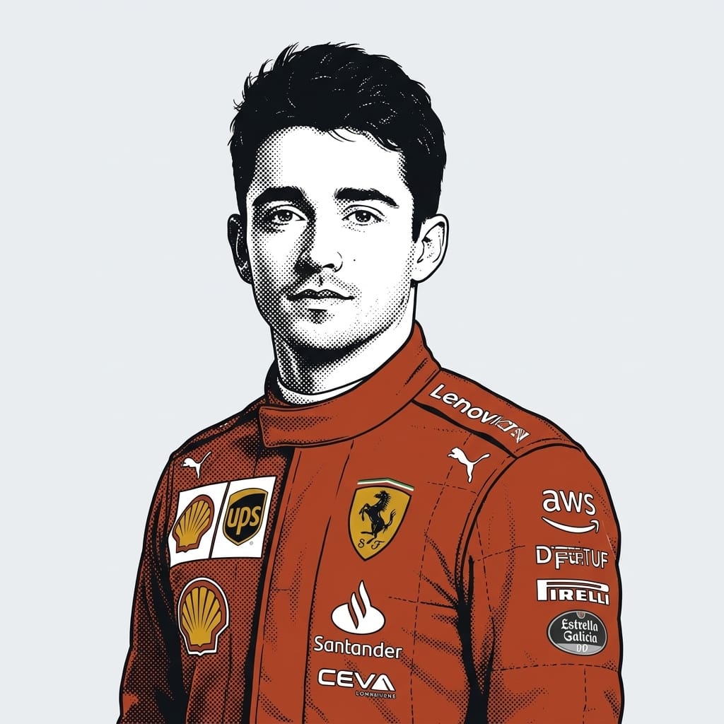 Illustration av Charles Leclerc i röd racingdräkt med Ferrari-märken och sponsorer, mot ljus bakgrund.