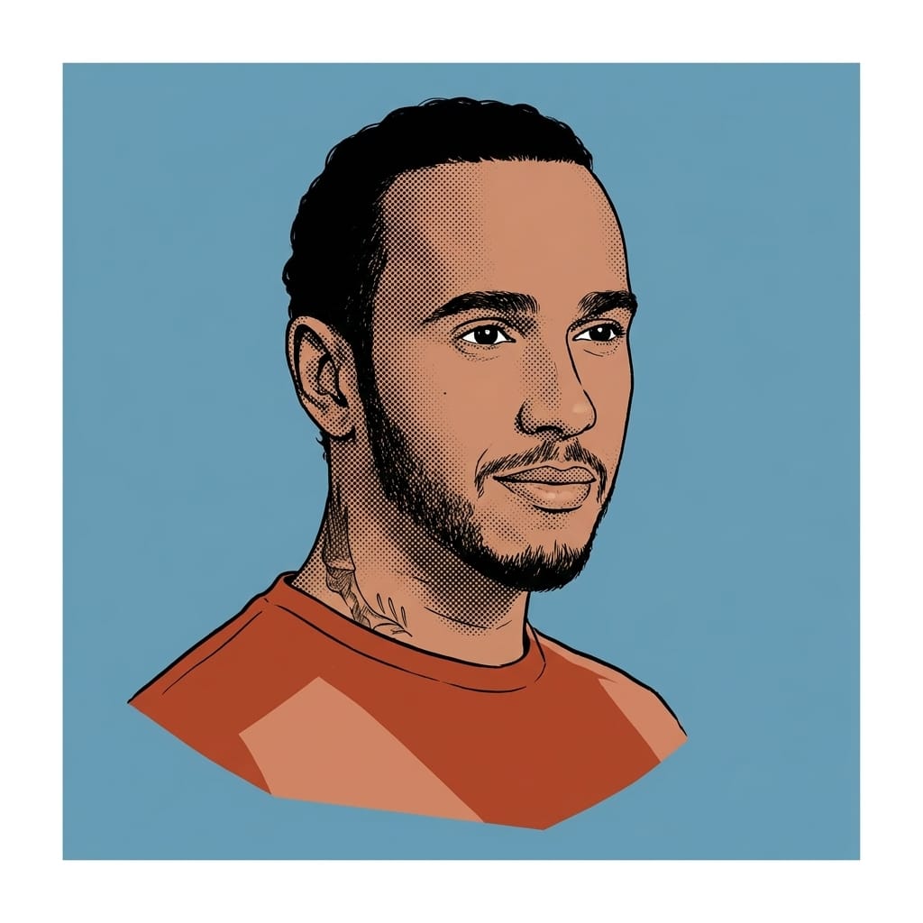 Illustrerat porträtt av Lewis Hamilton i röd tröja mot blå bakgrund med rastermönster.