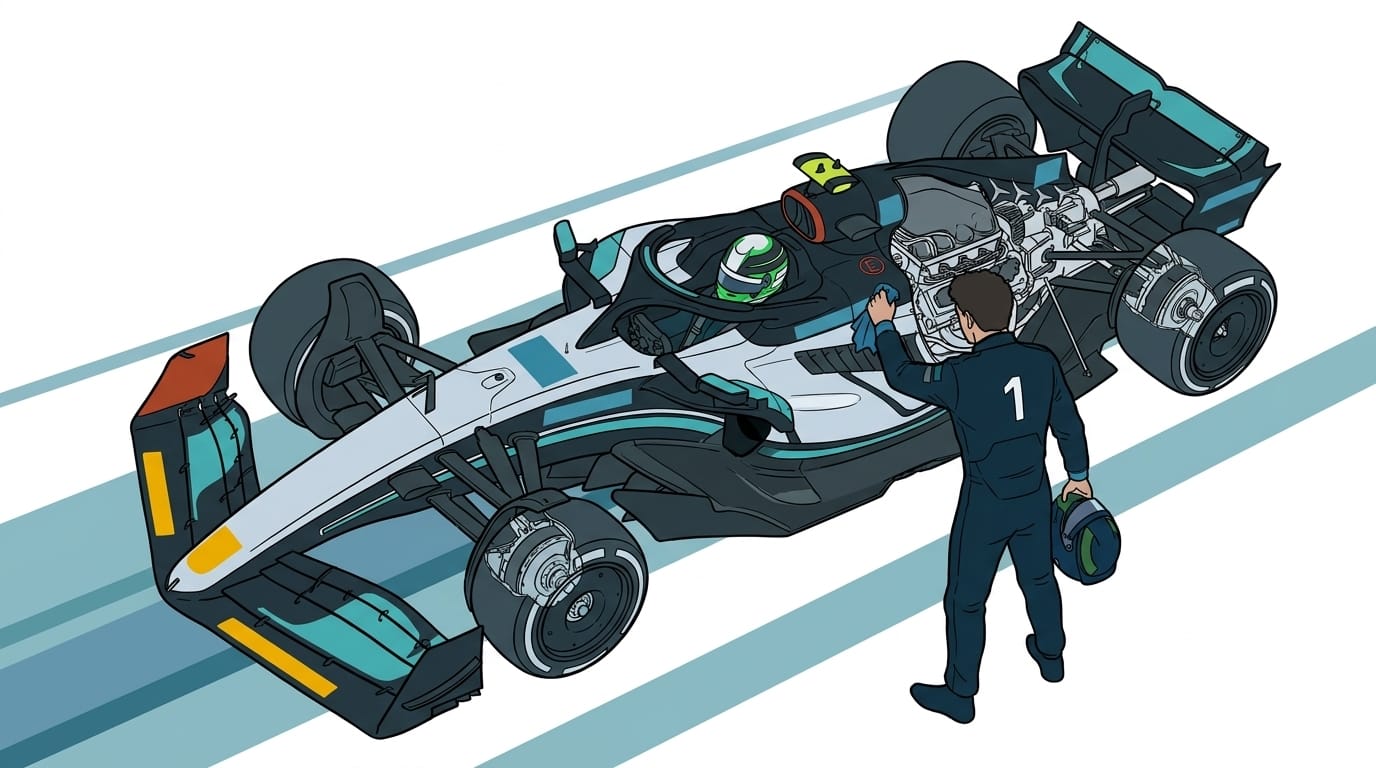 En teknisk illustration visar en formel 1-bil uppifrån och snett bakifrån i genomskärning, där en mekaniker i svart dräkt med nummer 1 justerar motorn.