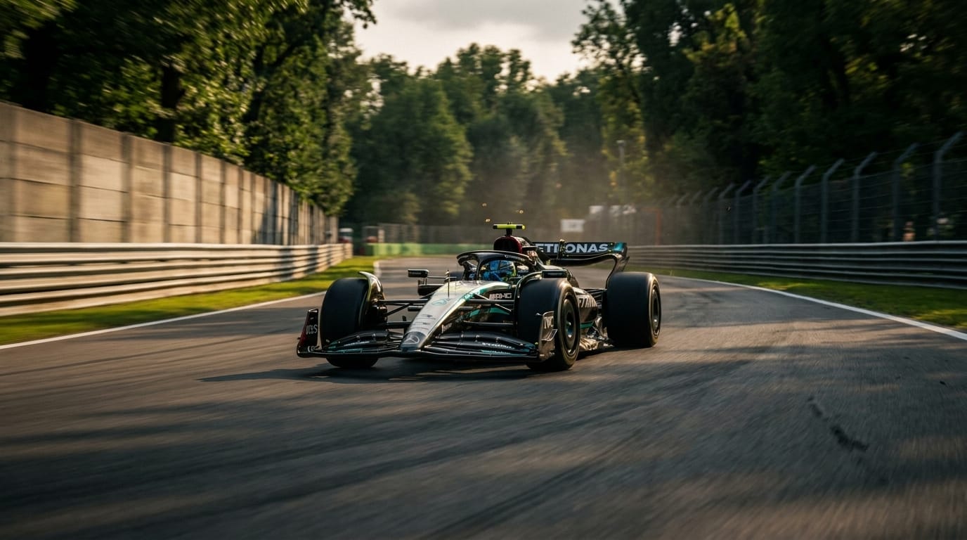 En modern Formel 1-bil navigerar genom högfartskurvorna på Autodromo Nazionale Monza i snabb fart.