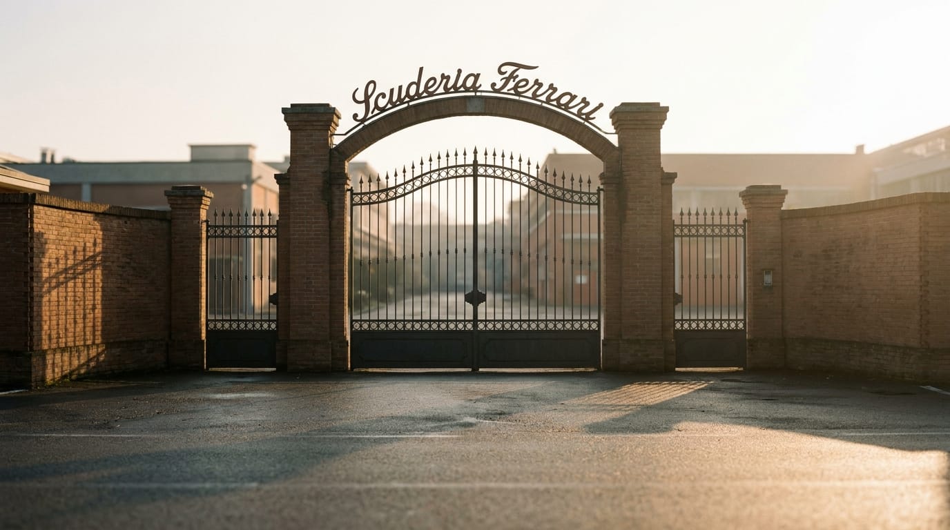 De historiska fabriksgrindarna till Scuderia Ferrari i Maranello i tidigt gryningsljus.