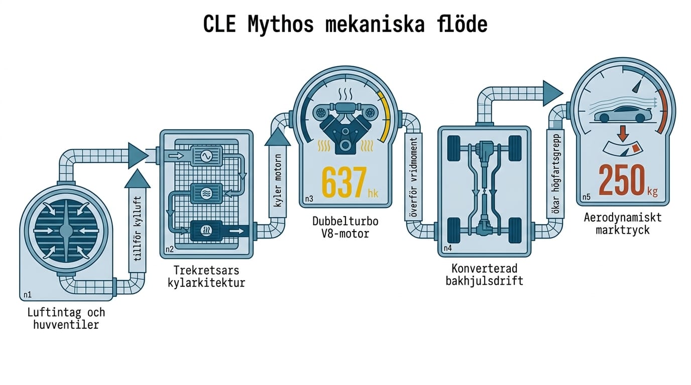 Ett mekaniskt flödesschema för CLE Mythos som visar luftintag, kylarkitektur, V8-motor, bakhjulsdrift och aerodynamiskt marktryck.