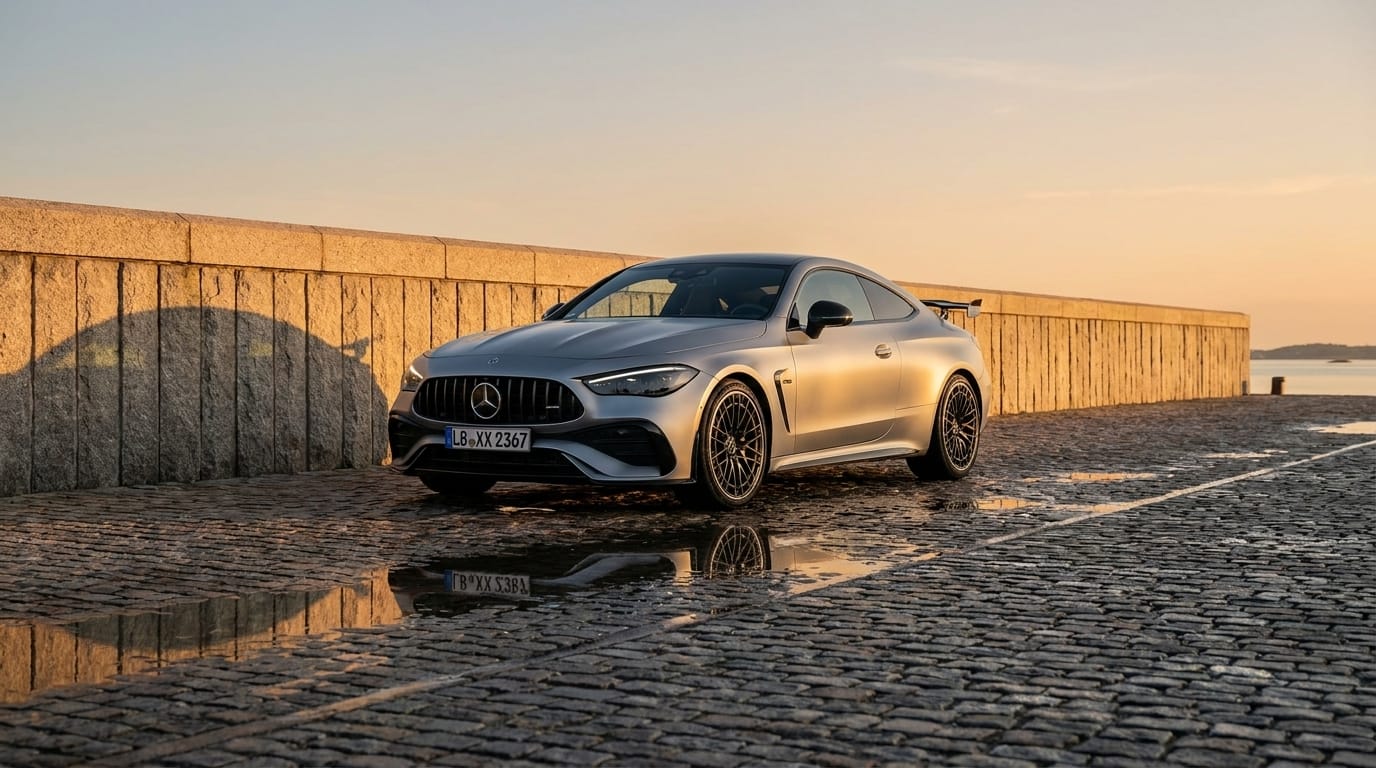 En matt silvrig sportkupé parkerad på en kullerstensbelagd kaj vid vattnet i kvällssol.
