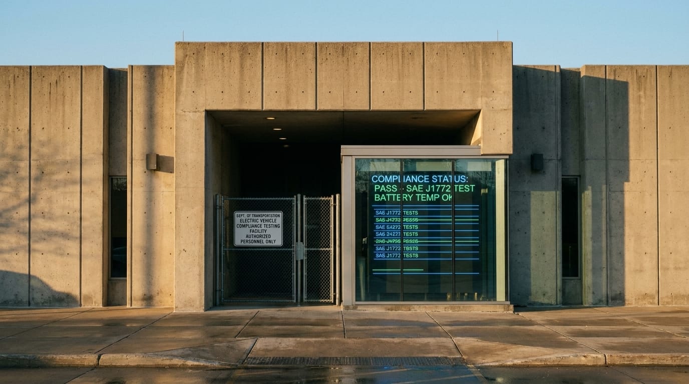 Exteriör av en brutalistisk byggnad med en ingång, ett stängsel med skylt och en digital informationsskärm.