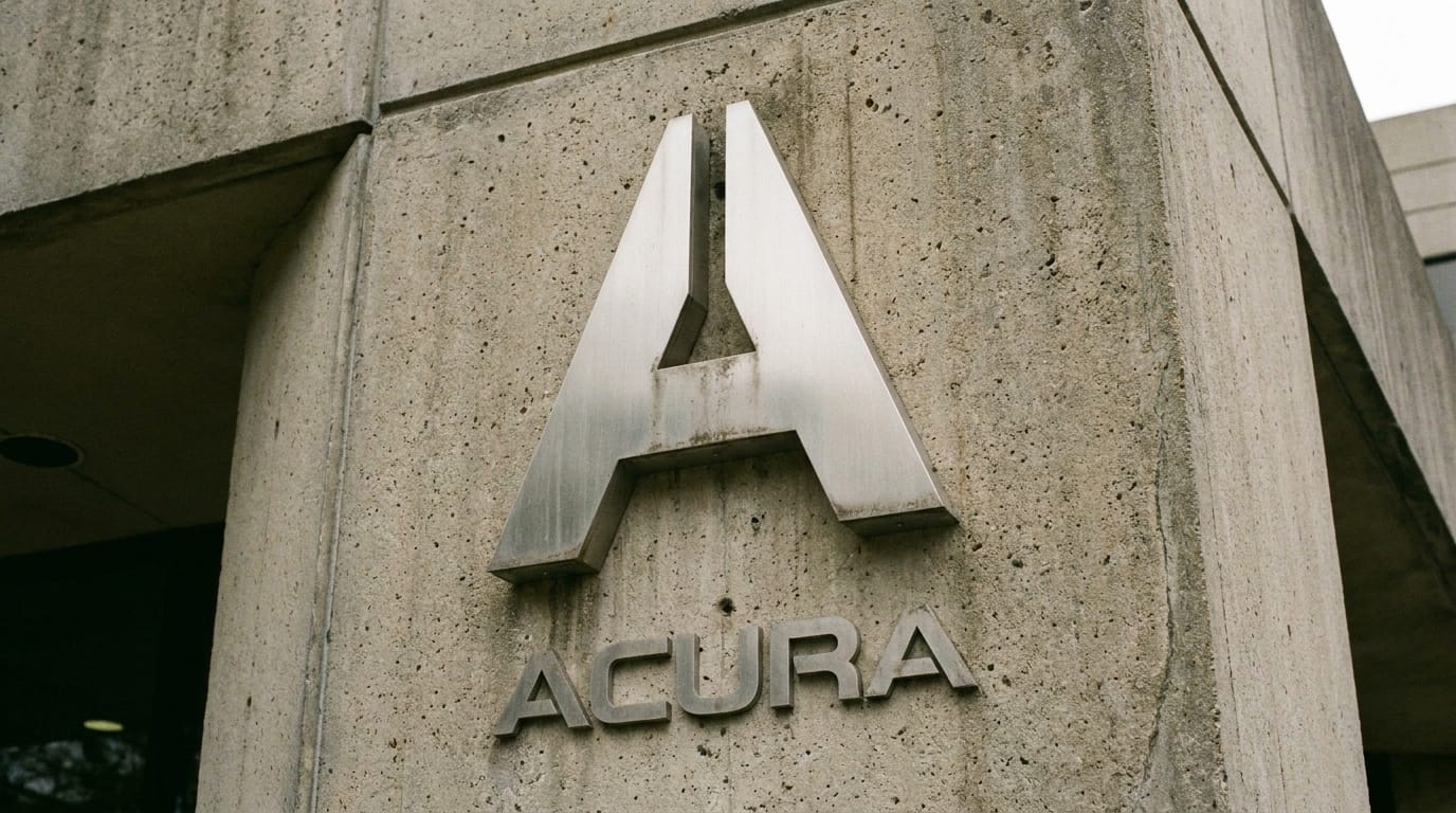 Acura logotyp i metall monterad på en betongfasad.