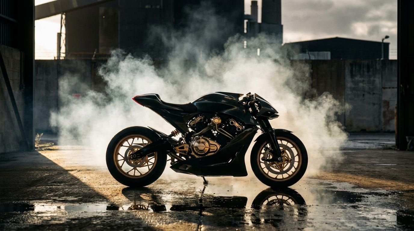 Svart futuristisk sportmotorcykel parkerad på våt betonggolv i en industriell miljö med rök i bakgrunden.