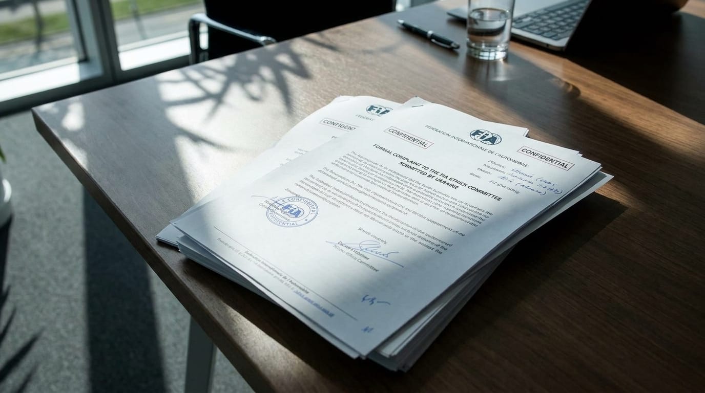 Konfidentiella dokument om en formell klagan från Ukraina till FIA:s etikkommitté ligger på ett mörkt träbord i ett kontor.