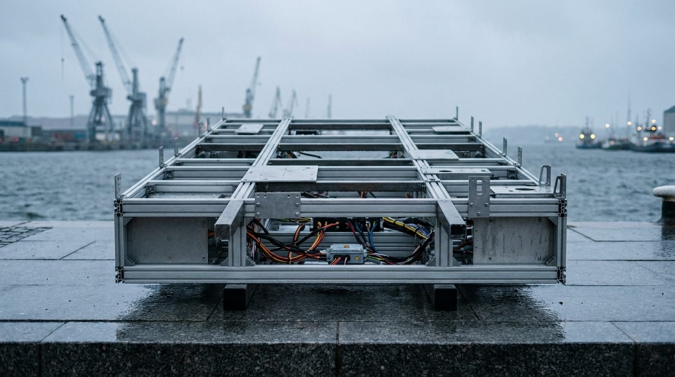 En modulär fordonsplattform av aluminiumprofiler på en fuktig stenkaj vid en hamn med kranar i bakgrunden.