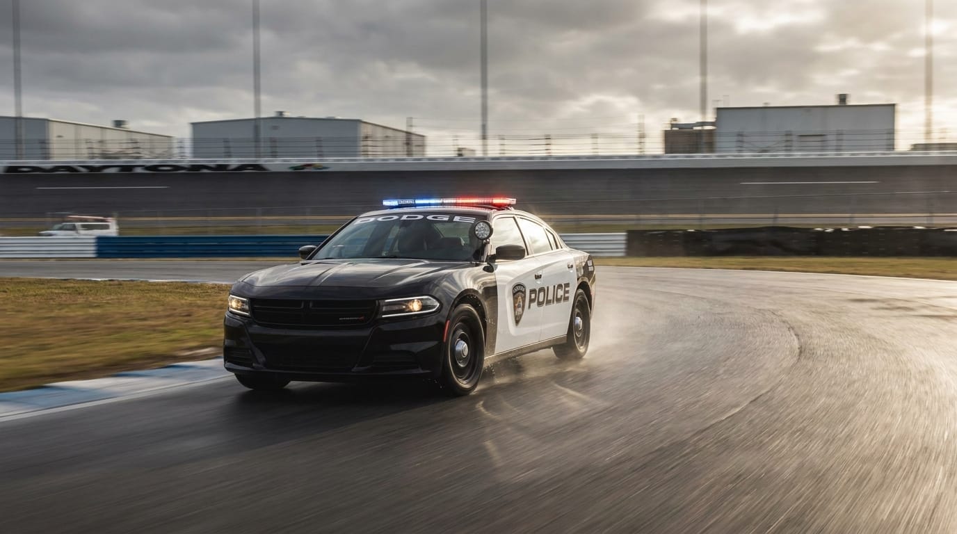 En mörk polisbil i form av en Dodge Charger svänger dynamiskt på en asfaltbana under mulen himmel.