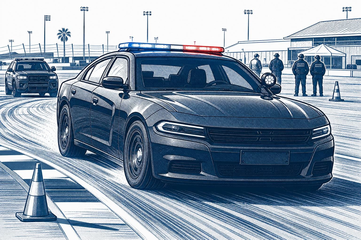 Illustration av Dodge Charger Police Pursuit Vehicle undervisning på Daytona International Speedway.