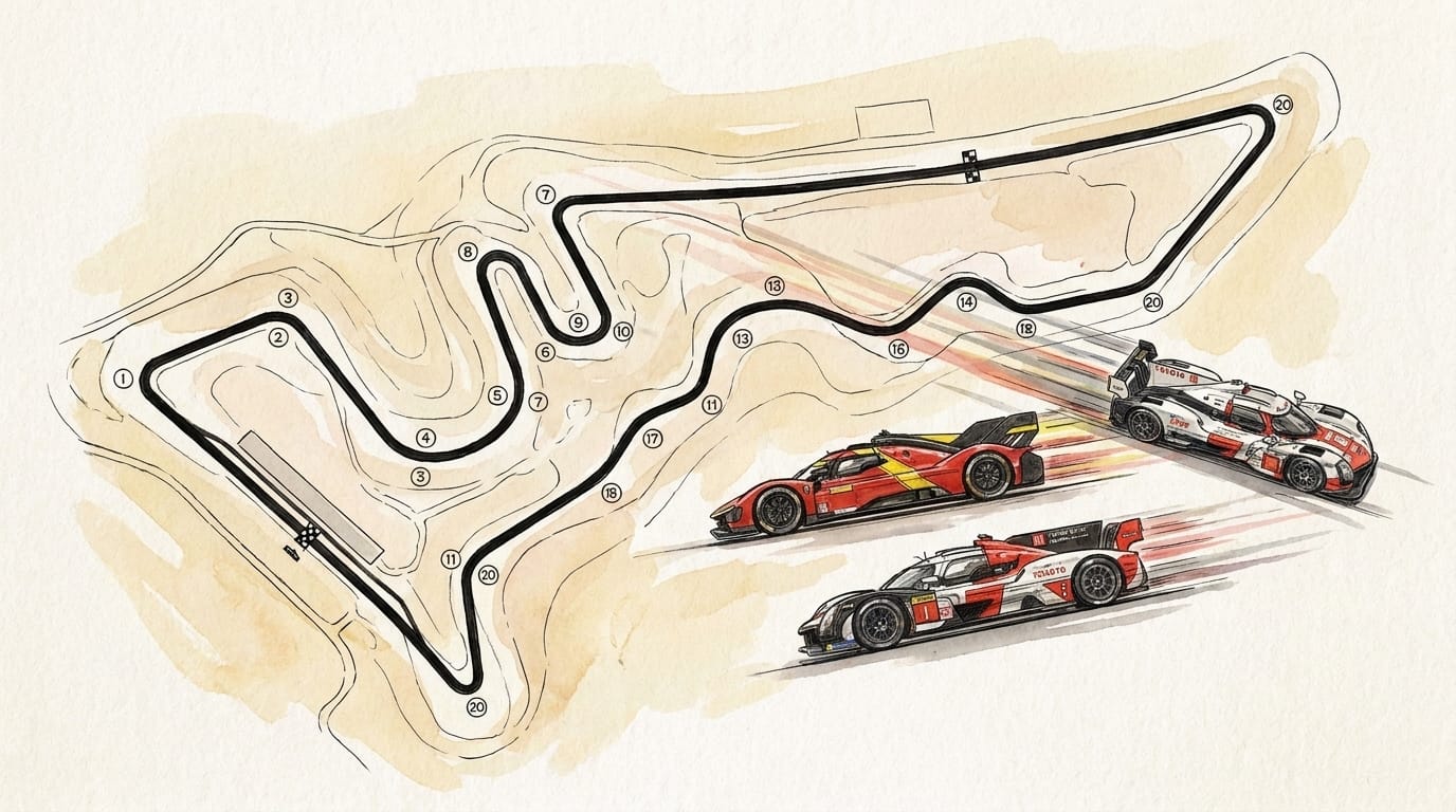 Akvarellillustration av Circuit of the Americas med numrerade kurvor och tre racerbilar i rörelse på banan.