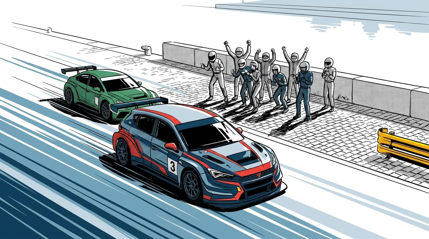 Illustration av tävlingsbilar på bana med jublande personer i hjälmar vid sidan.
