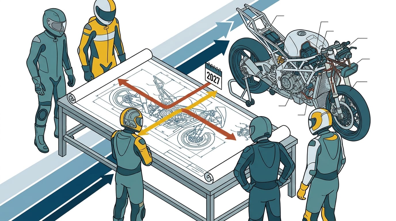 Teknisk illustration som visar MotoGP 2027 Regulatory Shift and Rider Market Upheaval med ritningar och förare vid ett bord.