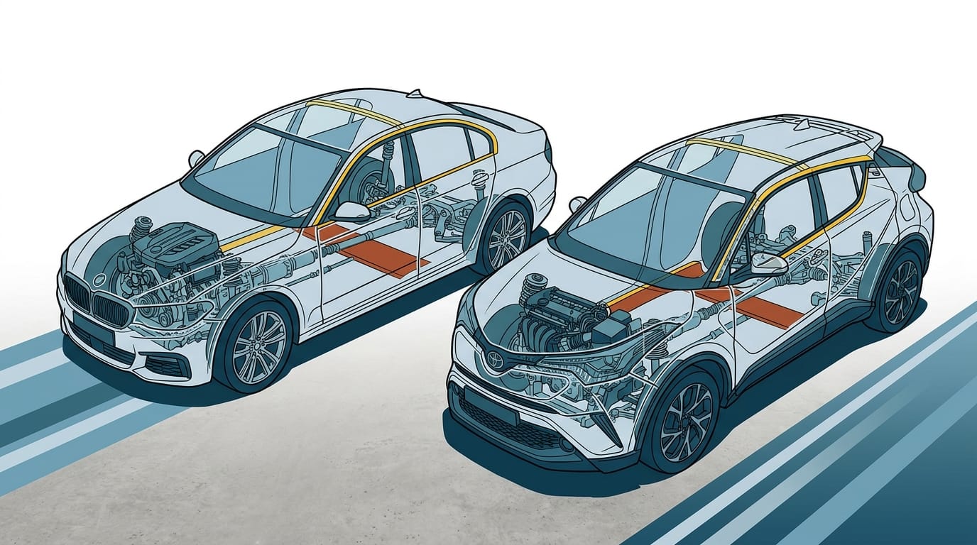 Cutaway-illustration av två skilda bilar med synlig mekanik sida vid sida på ett betonggolv.
