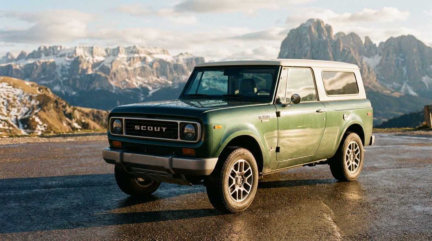 Grön Scout Traveler SUV parkerad på ett alplandskap i gyllene timins ljus.