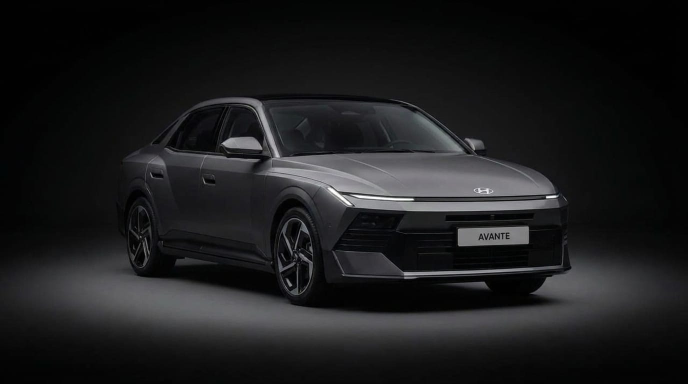 Grå Hyundai Elantra Hybrid sedd snett framifrån i en mörk studio.