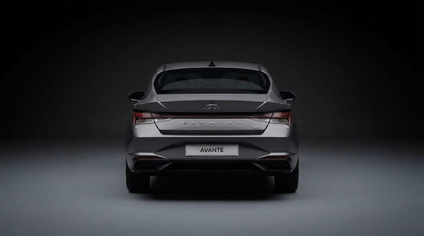 Grå Hyundai Elantra Hybrid sedd bakifrån i en mörk studio.