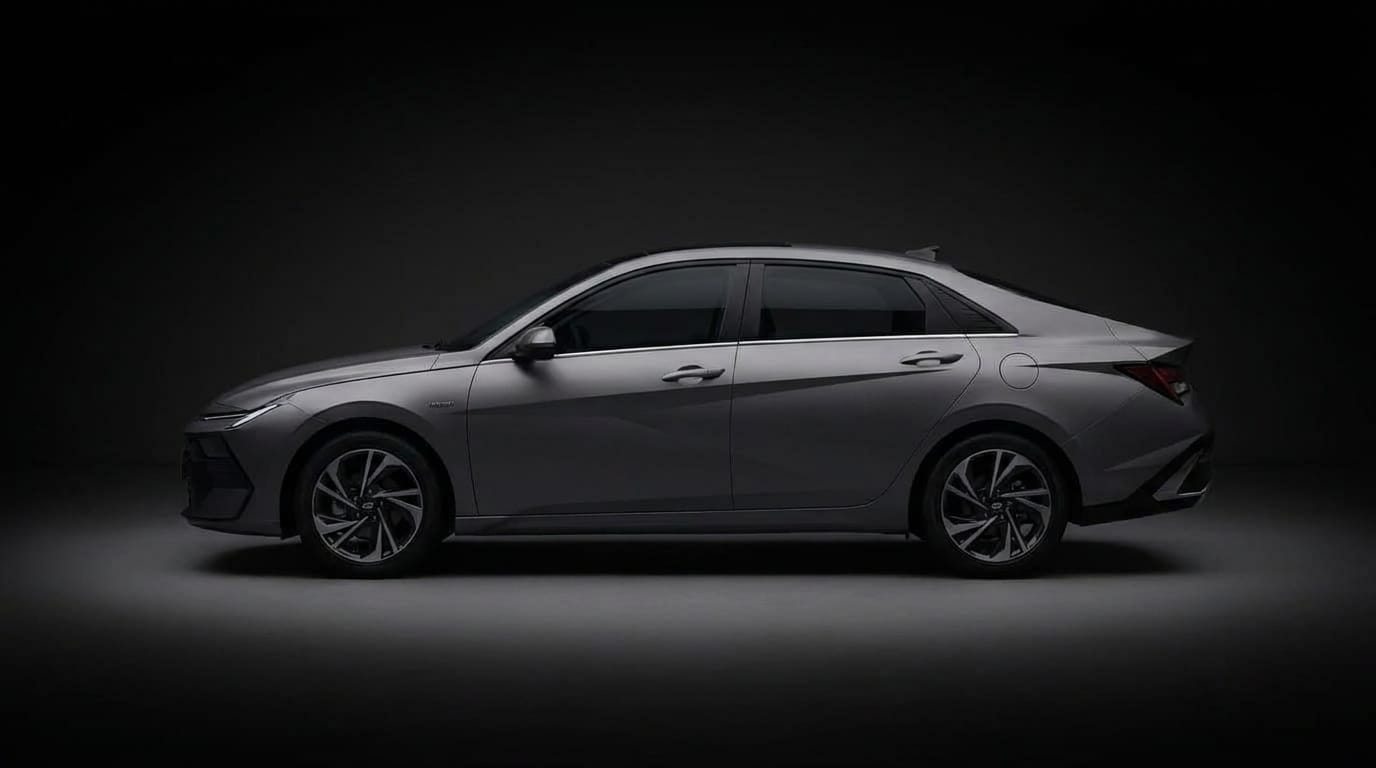 Grå Hyundai Elantra Hybrid sedd i sidoprofil från motsatt sida i en mörk studio.