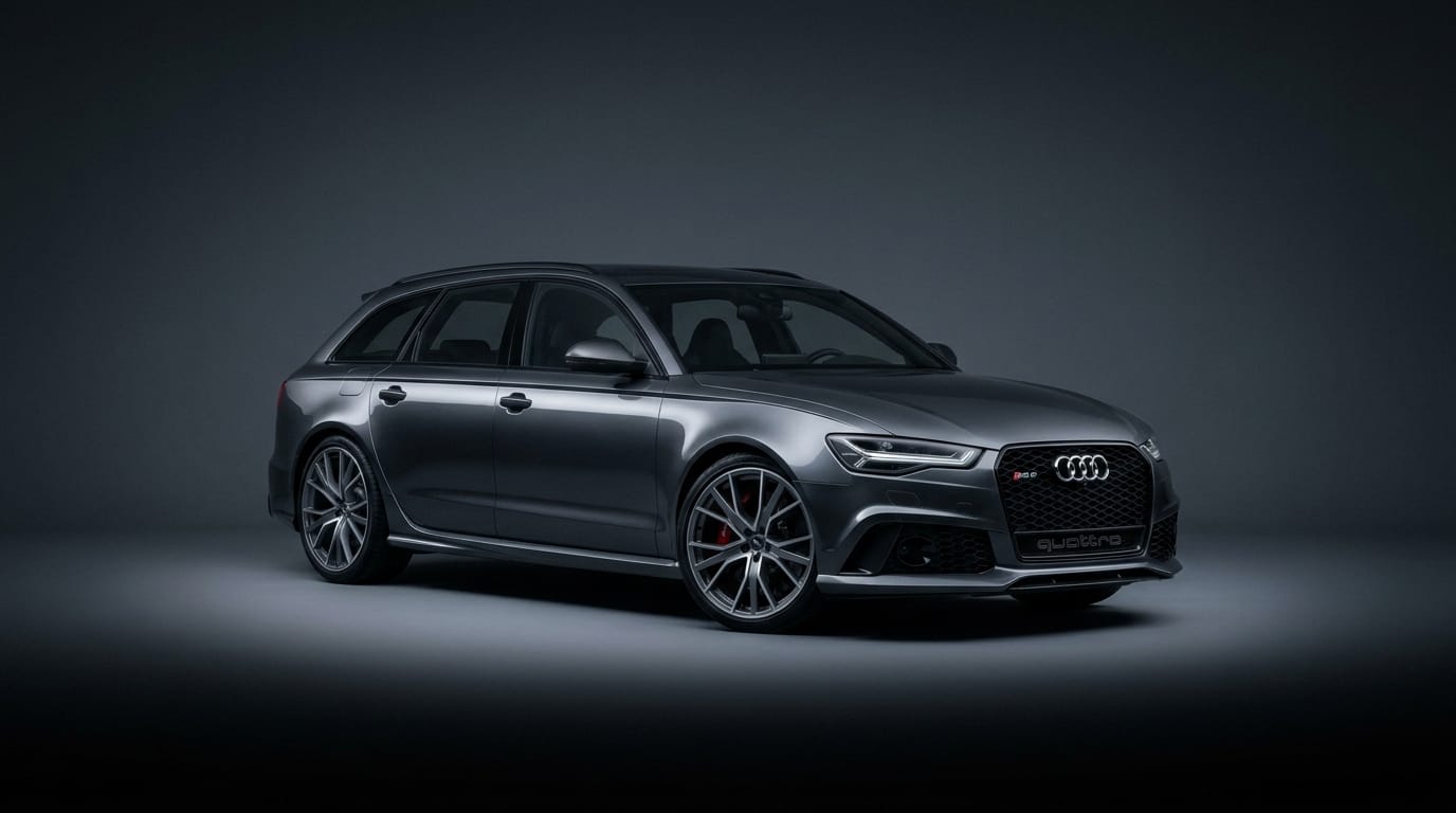 Mörkgrå Audi RS6 Avant i en minimalistisk och mörk studiomiljö med ett mjukt ljusgolv.
