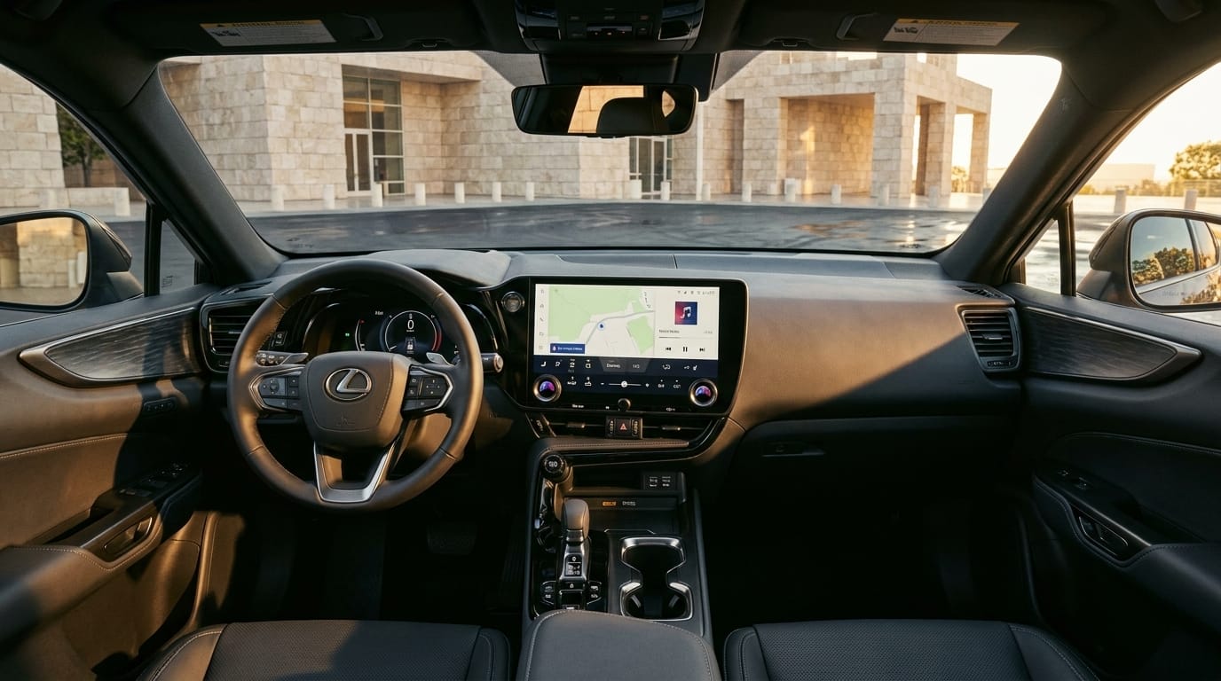 Interiör från förarsätet i en Lexus NX med digital instrumentpanel, stor pekskärm i mittkonsolen och ratt med Lexus-emblem.
