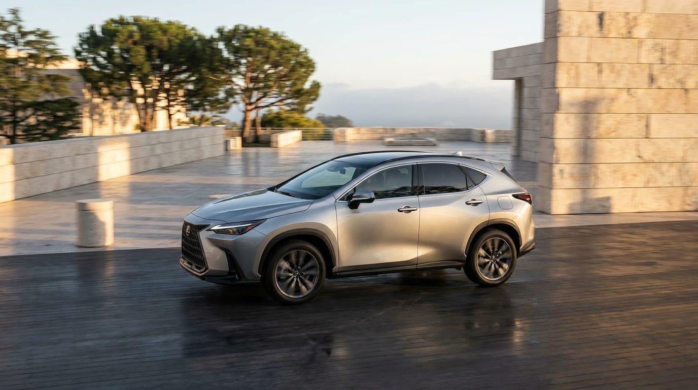 En silver Lexus-SUV kör på en kustväg i gyllene timmens ljus med havet i bakgrunden.
