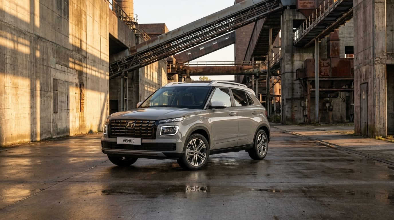 En ljusgrå Hyundai Venue står parkerad på en blöt betongyta framför brutalistisk industiarkitektur under gyllene timmen.