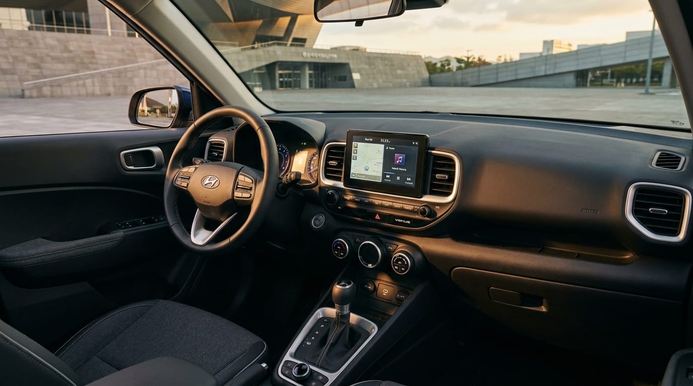 Insidan av en Hyundai Venue med ratt, central skärm och instrumentpanel i varmt eftermiddagsljus.